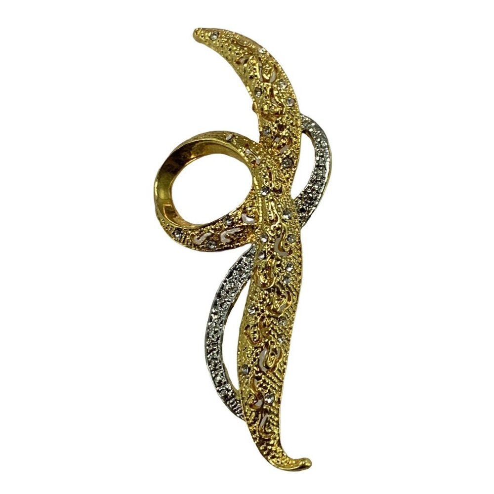 Vintage Avon Gold and Silver-Tone Abstract Brooch Pin Rhinestone Accents 3.25"
